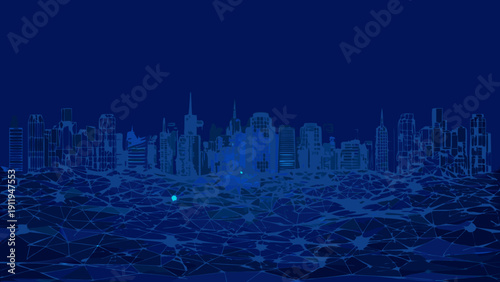 Blue cityscape skyline with geometric network overlay against a deep blue background
