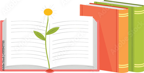 Open Book with Growing Flower and Stacked Books Vector Illustration Symbol of Education, Knowledge, Learning, Creativity and Personal Growth
