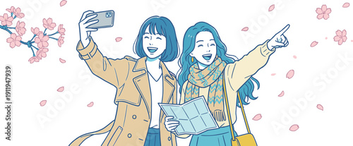 桜の下で自撮りを楽しむ旅行中の女性二人 春の観光イラスト