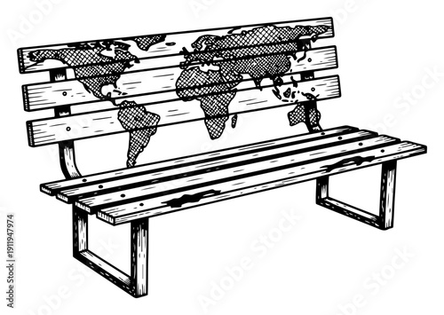 Modern wooden park bench featuring a world map design on the backrest in hand drawn sketch style