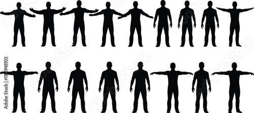 Black silhouette collection of men standing with arms open and at sides isolated on white background for anatomy and fitness