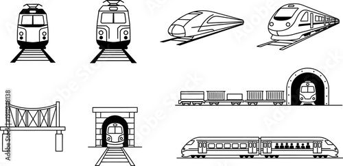 black and white illustration of various train types and railway infrastructure components
