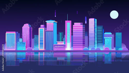 Vibrant neon cityscape skyline with reflections in water under a full moon night