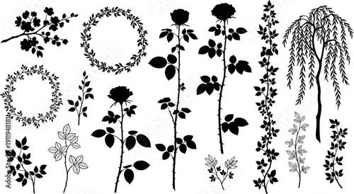 collection of various floral silhouettes and leaves on white background