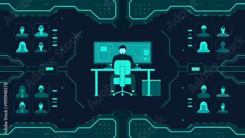 A hacker focused on a computer surrounded by silhouettes within a network