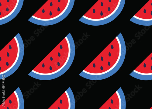 A minimal repeating pattern featuring red watermelon wedges with blue rinds and black seeds arranged in diagonal rows across a stark black background.