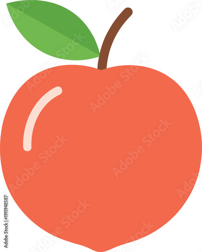 Single peach vector illustration featuring a fresh orange fruit with a green leaf and brown stem, isolated on white background.