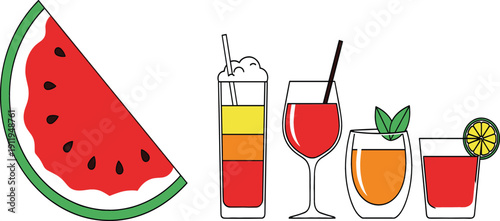 Summer drinks and watermelon illustration set with colorful cocktails and fruit beverages, flat minimal style, isolated on white background