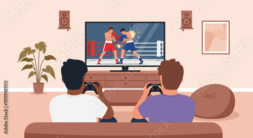 Two friends playing a boxing video game together on a console.