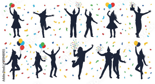 Silhouettes of People Celebrating with Balloons.