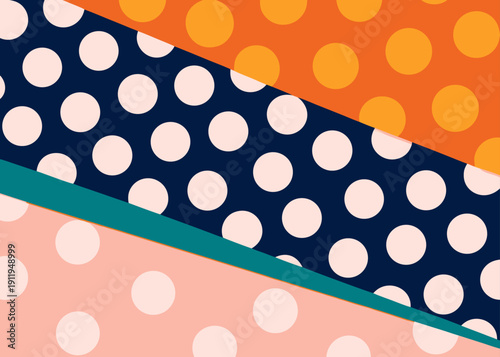 Abstract geometric pattern with colorful diagonal bands and polka dots in various shades