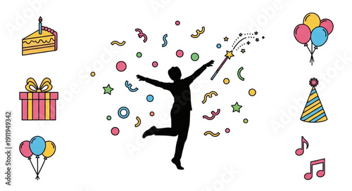 Silhouette Person Celebrating with Confetti.