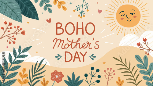 Vibrant bohemian Mother's Day celebration with sunny floral landscape