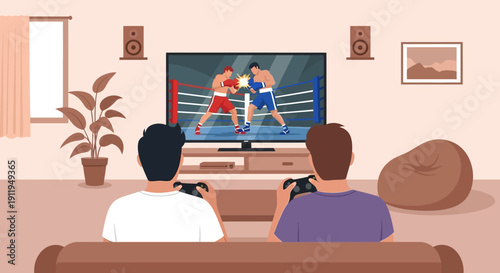 Two men playing video game on couch together watching boxing match.