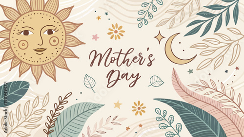 Beautiful Mother's Day greeting card with sun, moon and flowers