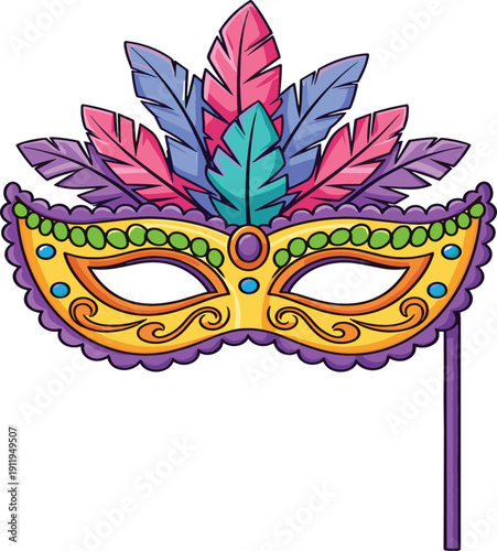 Colorful Carnival Masquerade Mask Vector Illustration with Feathers and Stick for Party, Festival, Mardi Gras and Costume Design