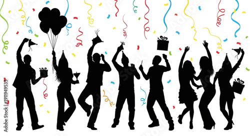 Silhouetted People Celebrating with Confetti.