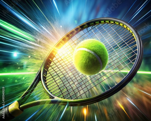 Close Up Of Tennis Racket Making Contact With Ball Amidst Streaking Lights Showing Dynamic Action