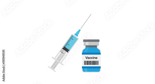Medical syringe and vaccine bottle illustration.