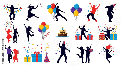 Silhouettes Celebrating with Balloons and Gifts.