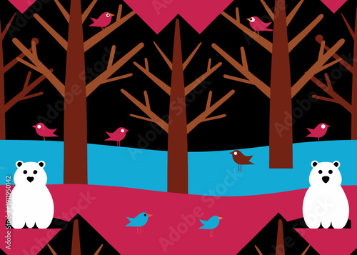 A stylized winter forest scene features white polar bears and colorful birds among brown trees with a blue river and pink ground elements.