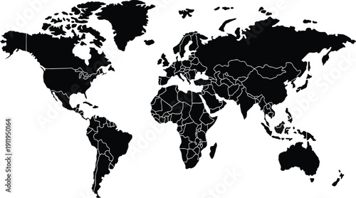Black Political World Map with White Country Borders