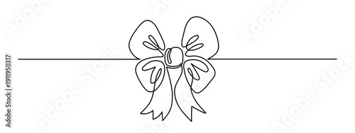 Bow knot one line art, hand-drawn ribbon butterfly gift continuous contour drawing. Decorative festive holiday minimalistic decoration, Christmas Birthday present. Editable stroke. Isolated. Vector 
