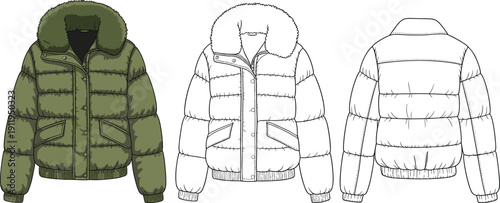 Olive green and outline winter puffer jacket with fur collar, fashion technical sketch set, front and back view, flat vector illustration.