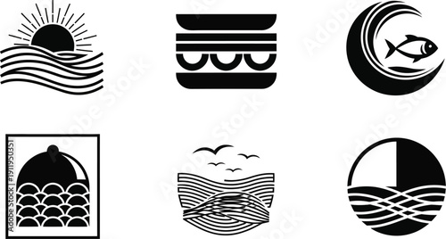 Assortment of stylized, solid black graphic icons depicting various food, restaurant, and maritime themes in a grid layout.