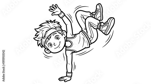 Energetic Breakdance Child Vector Illustration, Cartoon Style One-Handed Handstand Pose, Dynamic Youth Culture Vector Artwork, Athletic Dance Movement Line Art Drawing, Street Dance Vector Composition