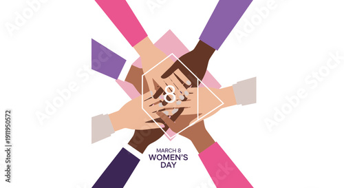 Diverse hands stacking together in solidarity on international women's day with colorful background