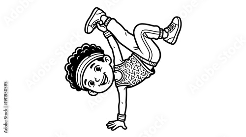Energetic Breakdance Child Vector Illustration, Cartoon Style One-Handed Handstand Pose, Dynamic Youth Culture Vector Artwork, Athletic Dance Movement Line Art Drawing, Street Dance Vector Composition
