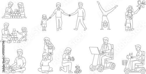 Various line drawings depict diverse family interactions including playing games, using laptops, and assisted mobility devices.