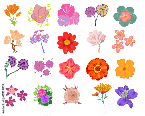 Cute colorful flower icon set. Hand drawn sketch style floral elements, playful spring botanical collection, vibrant vector illustration bundle.