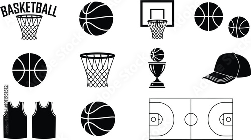 Basketball Icons Set with Court, Hoop, Balls and Jerseys and Trophy