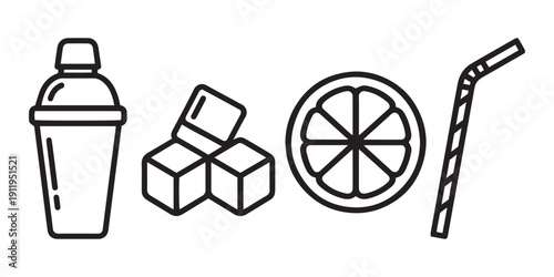 Minimalist black and white vector line art icon set featuring a cocktail shaker, ice cubes, citrus slice, and striped straw for mixology.