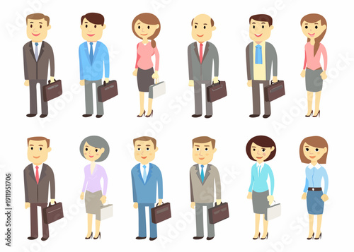 Diverse group of cartoon business people standing in two rows