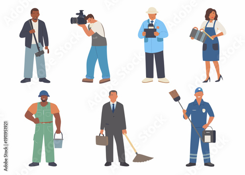 Diverse group of people in various professional occupations illustrated