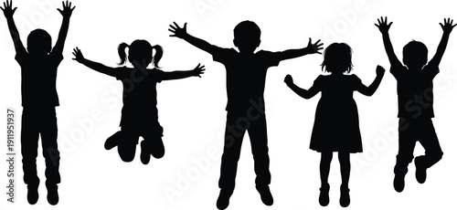 Group of five happy children silhouettes jumping with raised arms, boys and girls playing together isolated on white background for active lifestyle design concepts