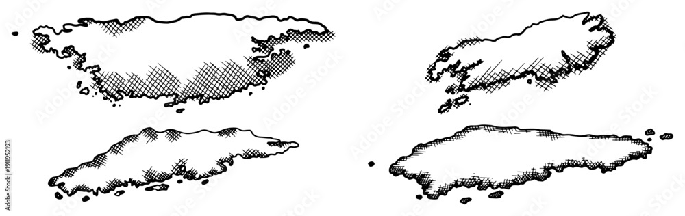 Naklejka premium Hand drawn woodcut style clouds or floating island elements on white background