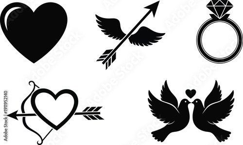Love and Romance Vector Icons Set - Heart Wedding Ring Cupid Arrow Doves Symbols Collection