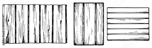 Collection of wooden planks and timber boards in hand drawn ink sketch style