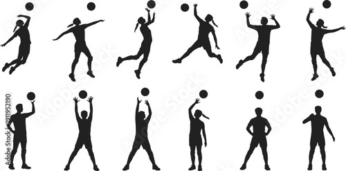 Dynamic black silhouettes of volleyball players performing various actions including serving, spiking, setting, and holding ball, showcasing diverse techniques athletic movements for training 