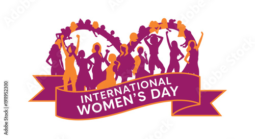 International women's day celebration with diverse group of women in purple and orange silhouettes