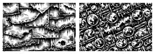 Set of industrial metal textures with riveted plates and mechanical pipes in engraving style