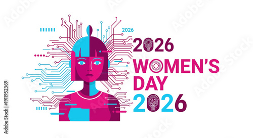Futuristic robot woman celebrating 2026 women's day with circuitry background and bold typography on white