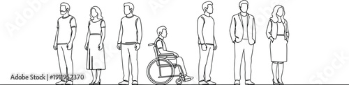Inclusive diversity silhouette vector illustration of people standing together casual formal outfits wheelchair accessibility equality representation workplace social concept