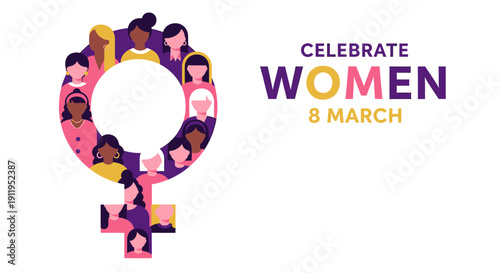 International women's day celebration on march 8th with diverse female faces in feminist symbol
