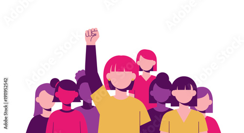 Diverse group of people showing solidarity with one woman raising her fist in empowerment and unity