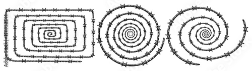 Barbed wire spiral and square shapes vector set in monochrome line art style